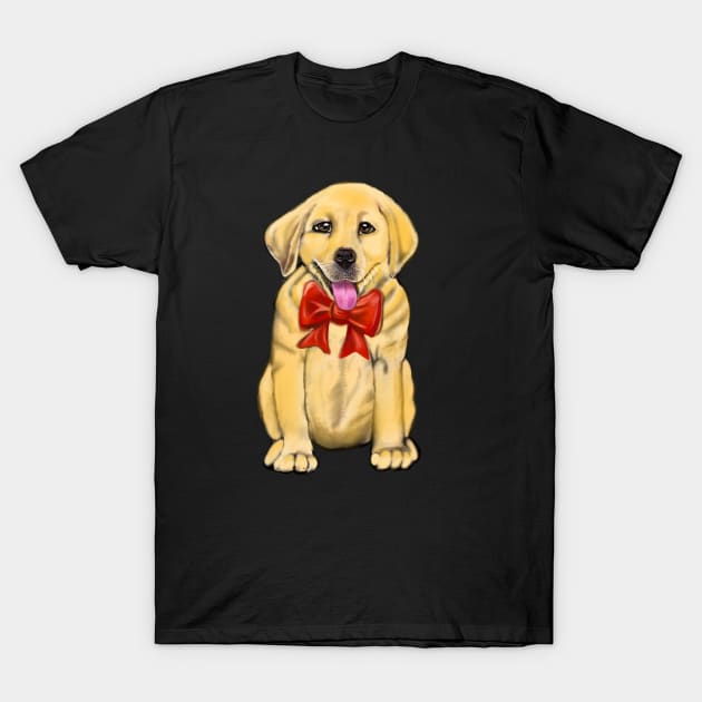 Dog Labrador retriever with red bow- doggie festive cute Golden Labrador retriever puppy dog in winter beanie hat T-Shirt by Artonmytee